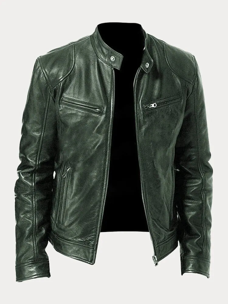 Leather Jacket - Men's Slim Fit Zip-Up Leather Biker Jacket