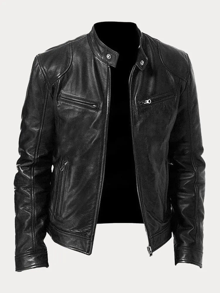 Leather Jacket - Men's Slim Fit Zip-Up Leather Biker Jacket