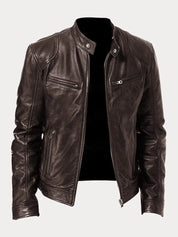 Leather Jacket - Men's Slim Fit Zip-Up Leather Biker Jacket