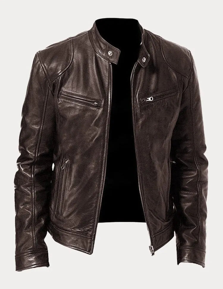 Leather Jacket - Men's Slim Fit Zip-Up Leather Biker Jacket