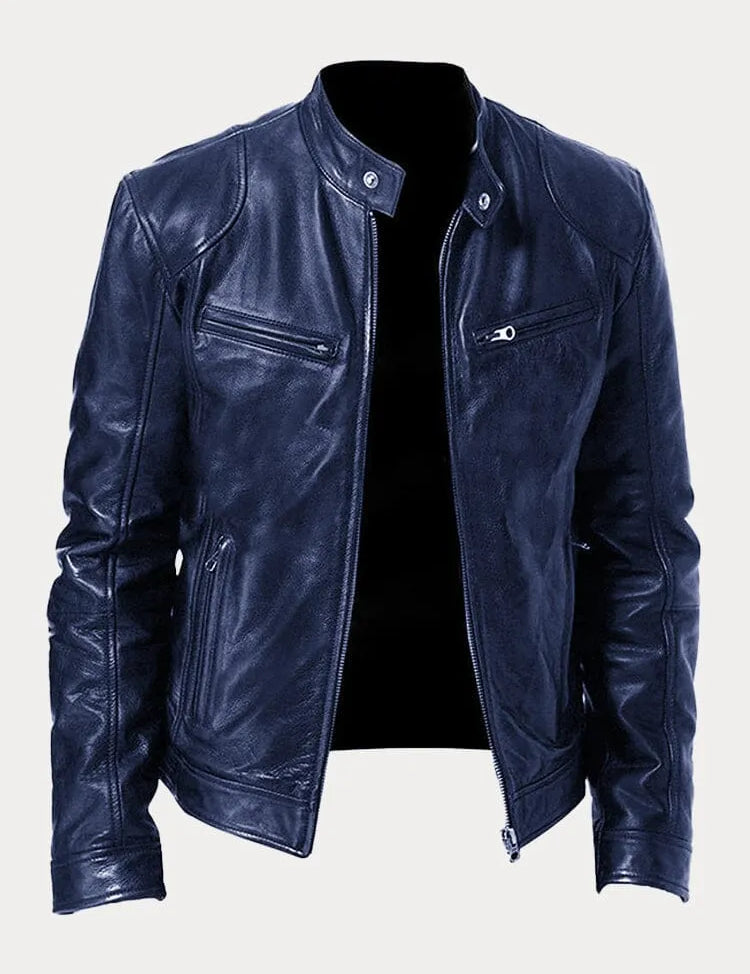 Leather Jacket - Men's Slim Fit Zip-Up Leather Biker Jacket