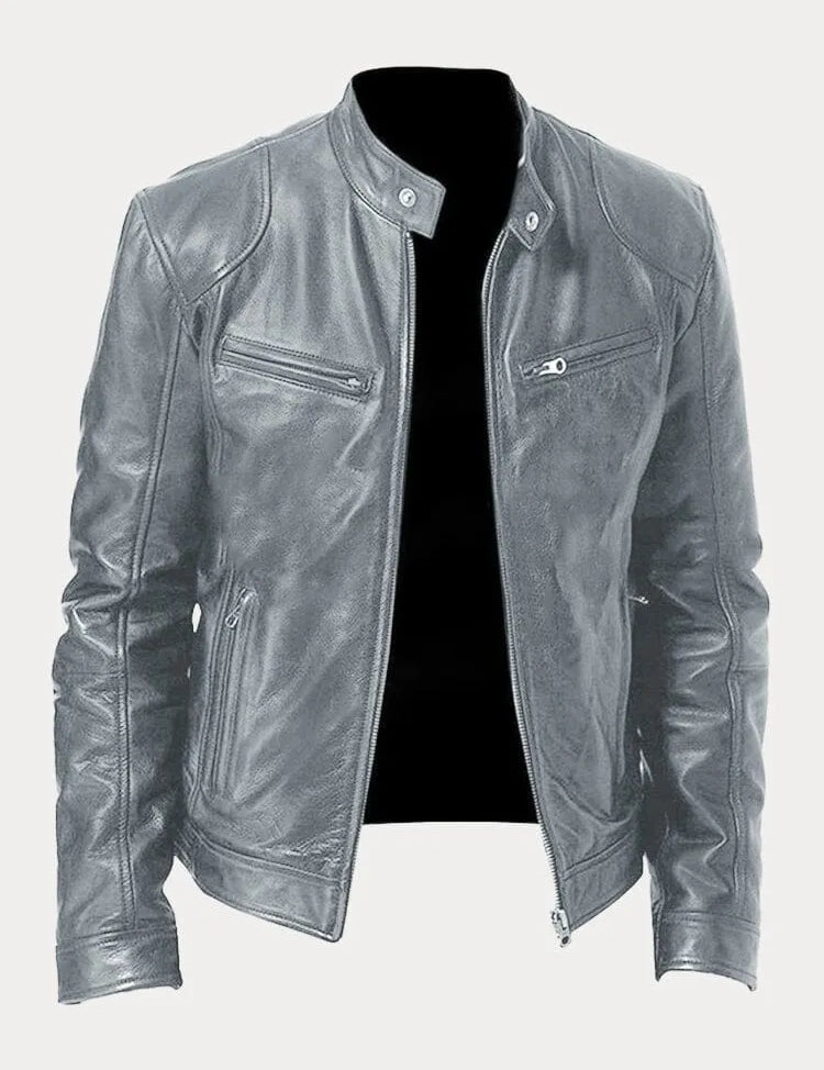 Leather Jacket - Men's Slim Fit Zip-Up Leather Biker Jacket