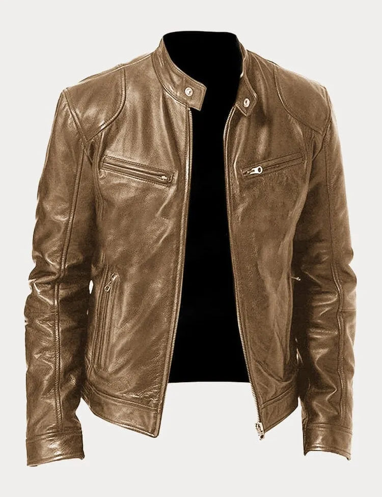 Leather Jacket - Men's Slim Fit Zip-Up Leather Biker Jacket