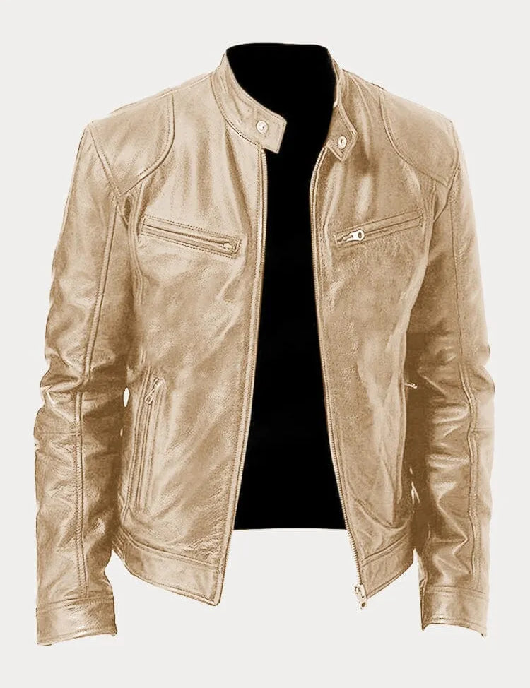 Leather Jacket - Men's Slim Fit Zip-Up Leather Biker Jacket
