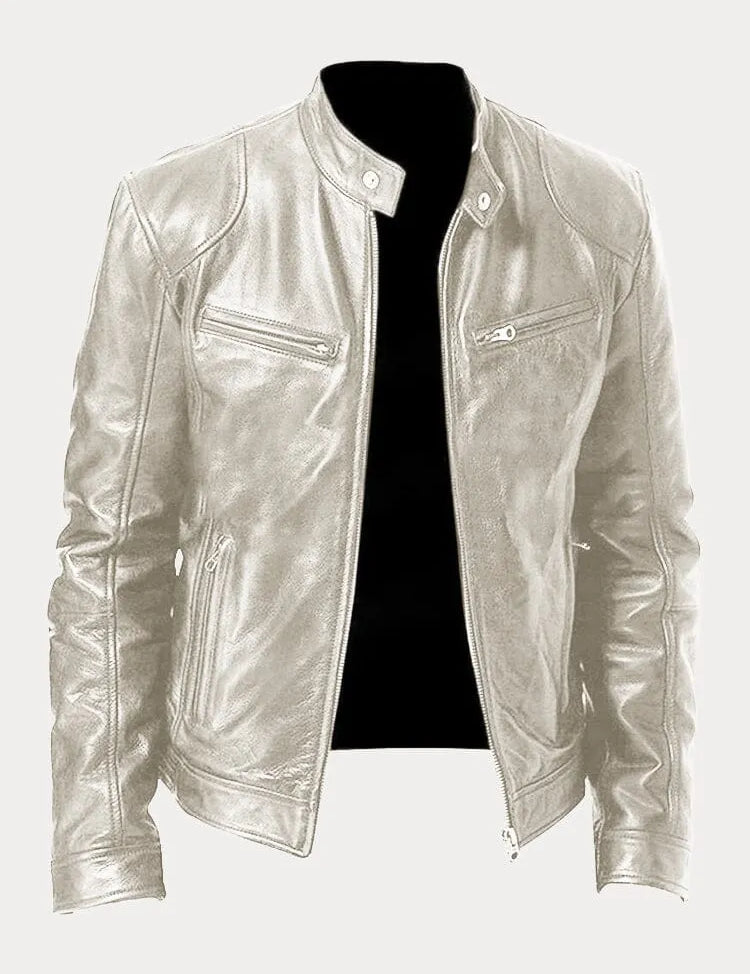 Leather Jacket - Men's Slim Fit Zip-Up Leather Biker Jacket