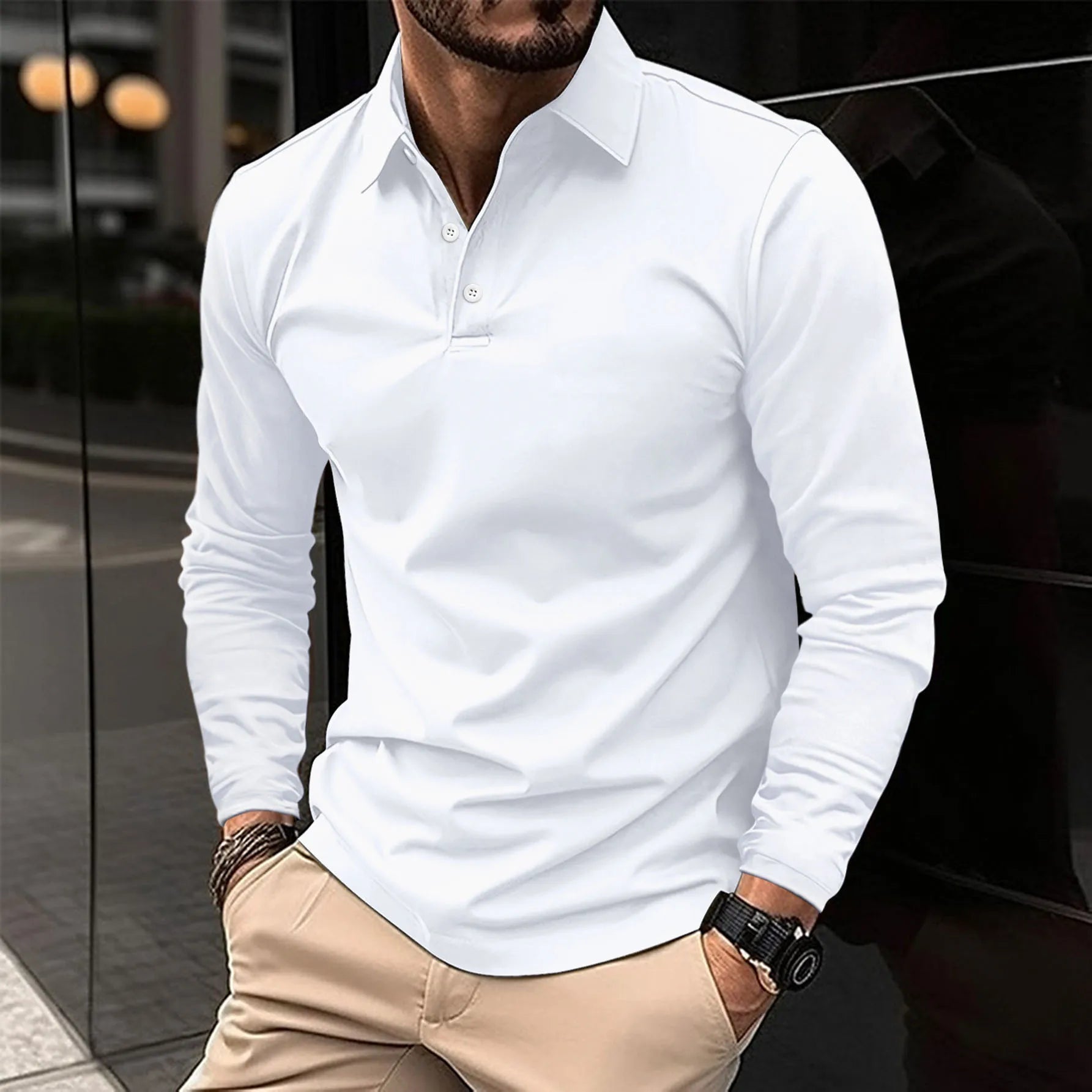 Polo Shirt - Men's Collared Long Sleeve Polo Shirt