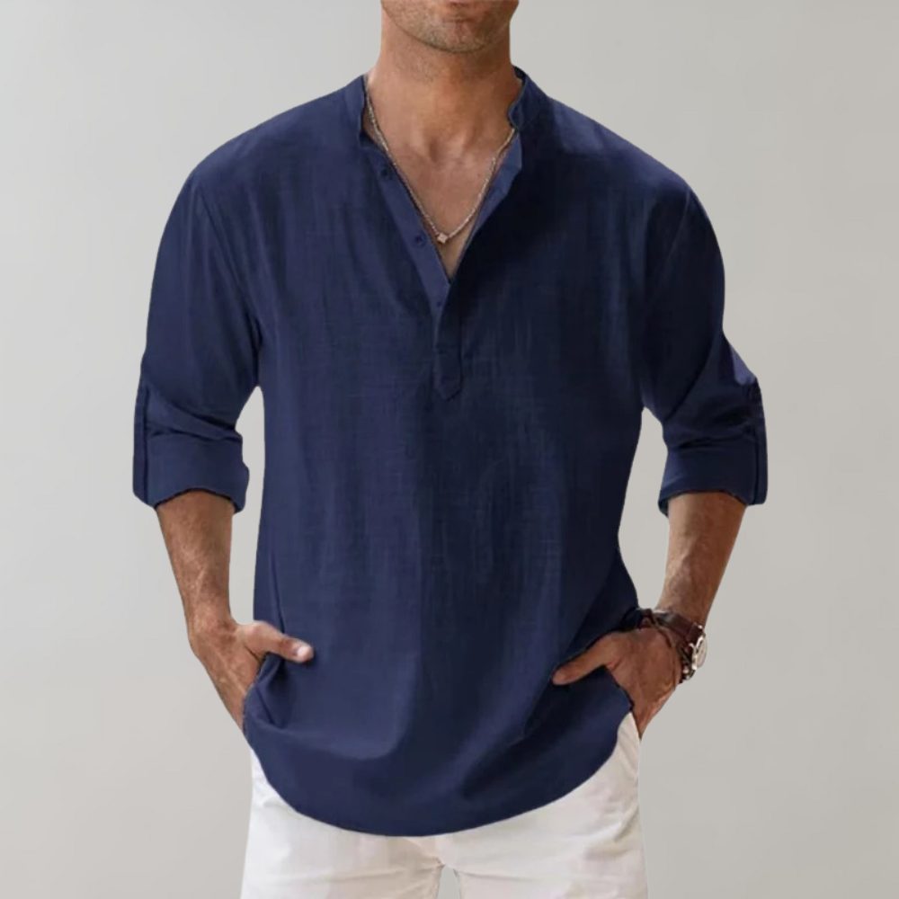 Linen Shirt - Men's Lightweight Half Button-Up Long Sleeve Summer Shirt