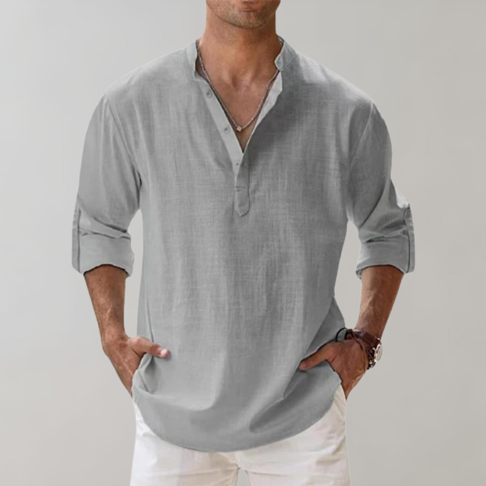 Linen Shirt - Men's Lightweight Half Button-Up Long Sleeve Summer Shirt