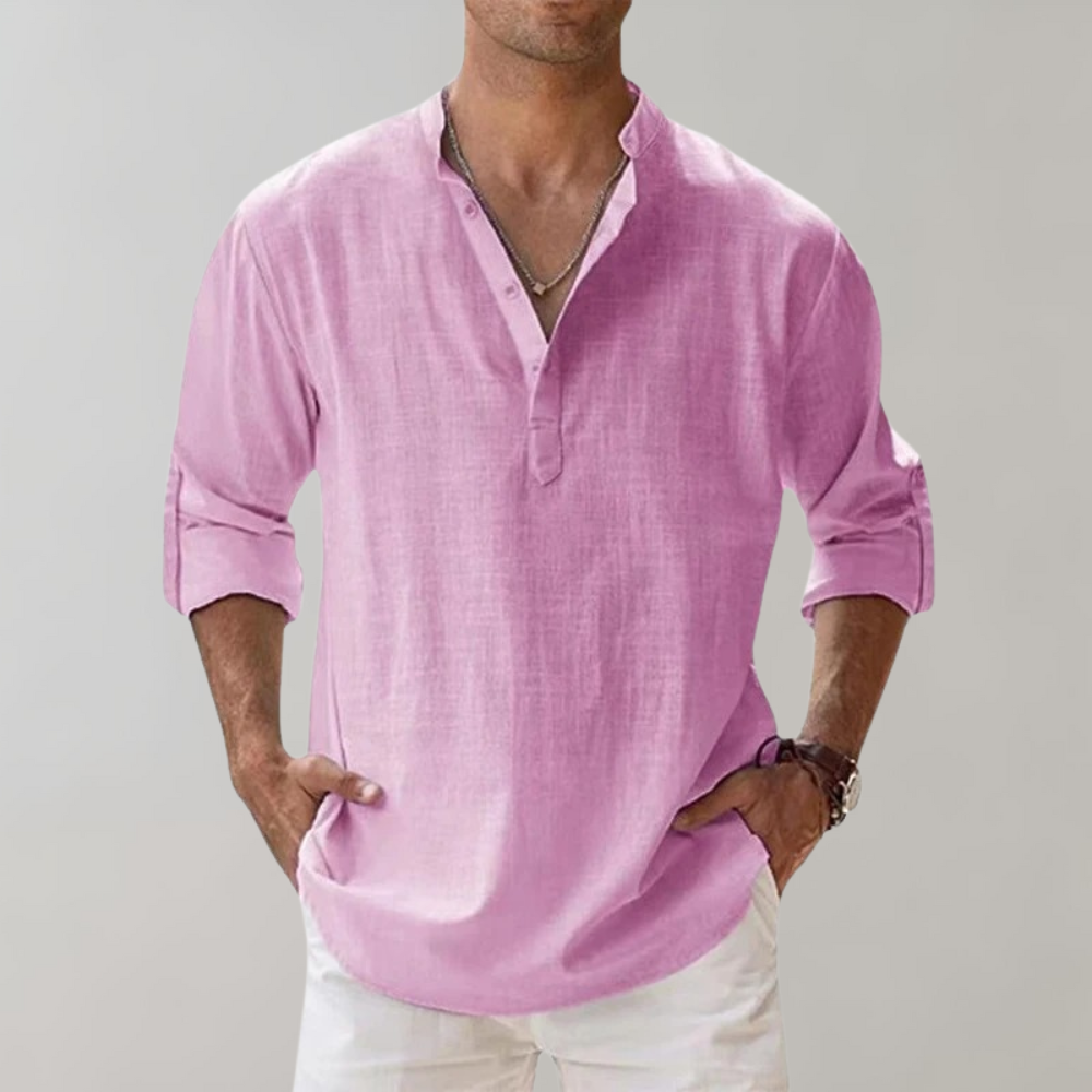 Linen Shirt - Men's Lightweight Half Button-Up Long Sleeve Summer Shirt