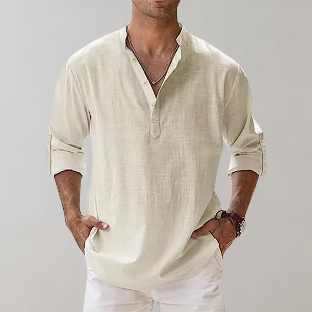 Linen Shirt - Men's Lightweight Half Button-Up Long Sleeve Summer Shirt