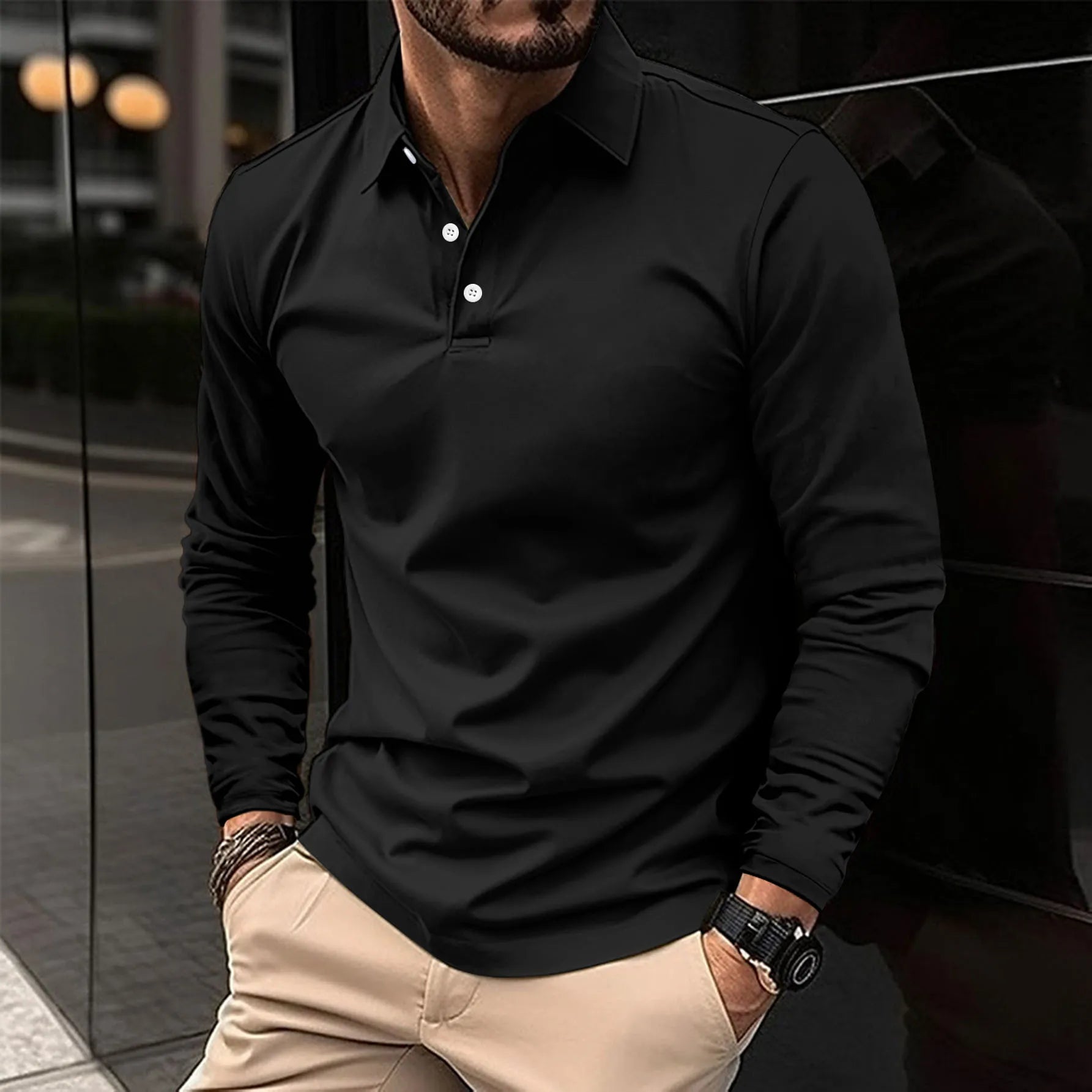 Polo Shirt - Men's Collared Long Sleeve Polo Shirt