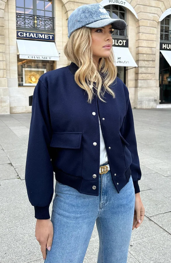 Bomber Jacket - Women's Button-Up Short Aviator Jacket