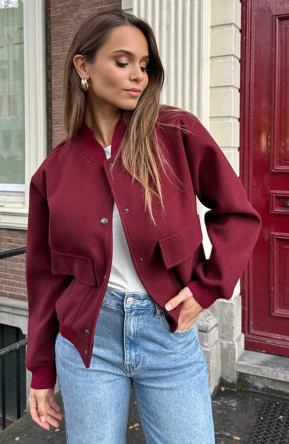 Bomber Jacket - Women's Button-Up Short Aviator Jacket