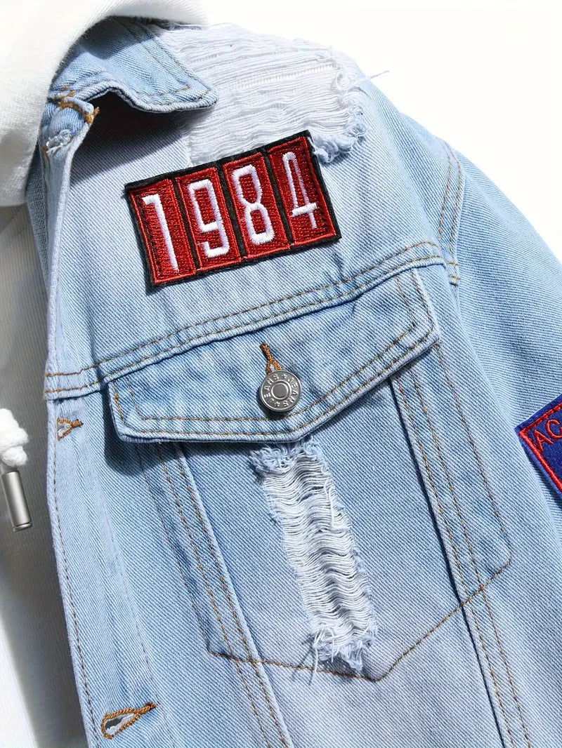 Denim Jacket - Casual - Light Blue -  Jean  Jacket with Patches - Men's Jacket