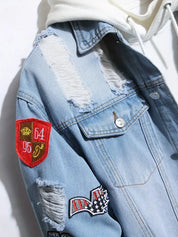 Denim Jacket - Casual - Light Blue -  Jean  Jacket with Patches - Men's Jacket