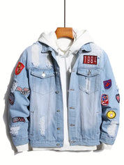 Denim Jacket - Casual - Light Blue -  Jean  Jacket with Patches - Men's Jacket