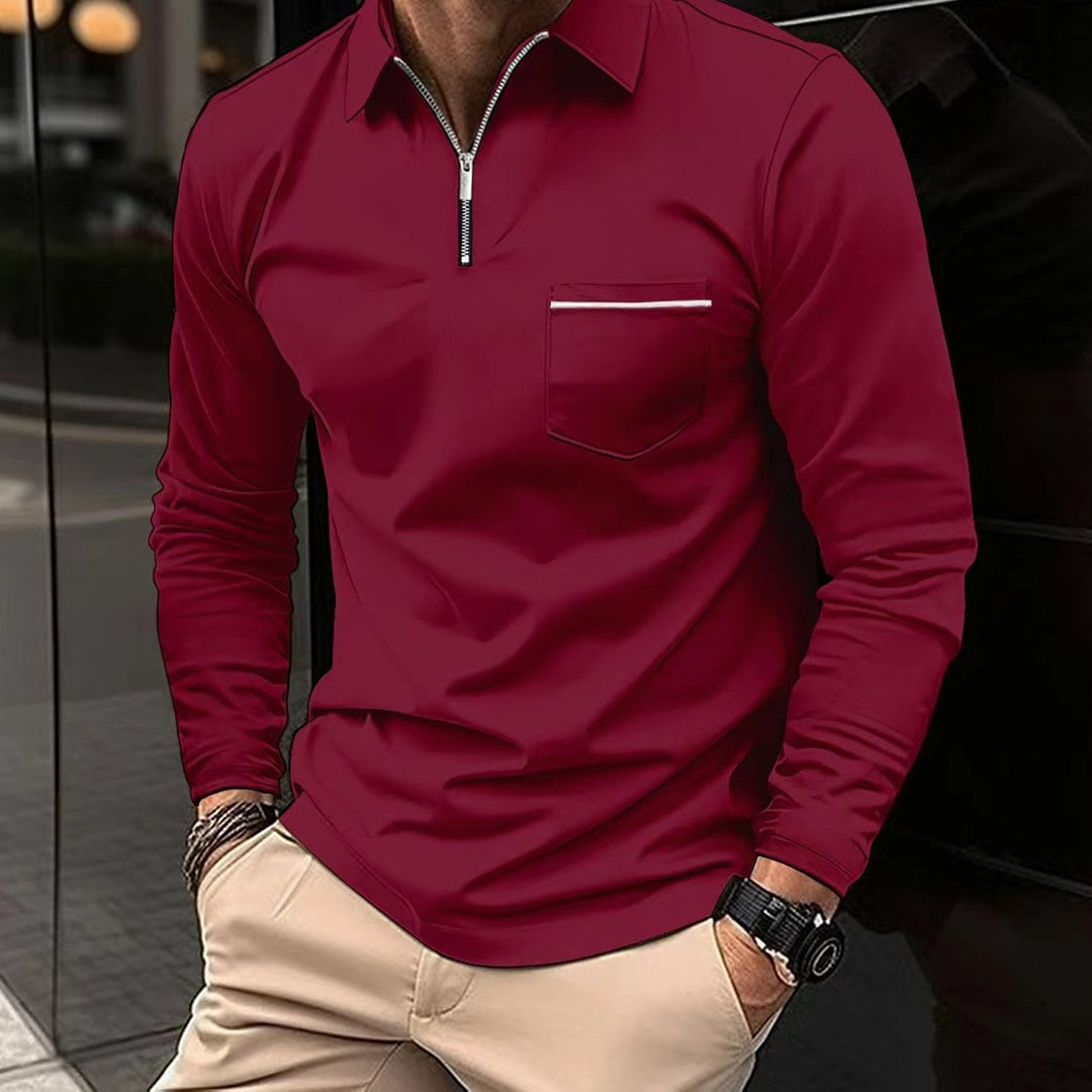 Polo Shirt - Men's Collared Long Sleeve Quarter Zip Polo Shirt