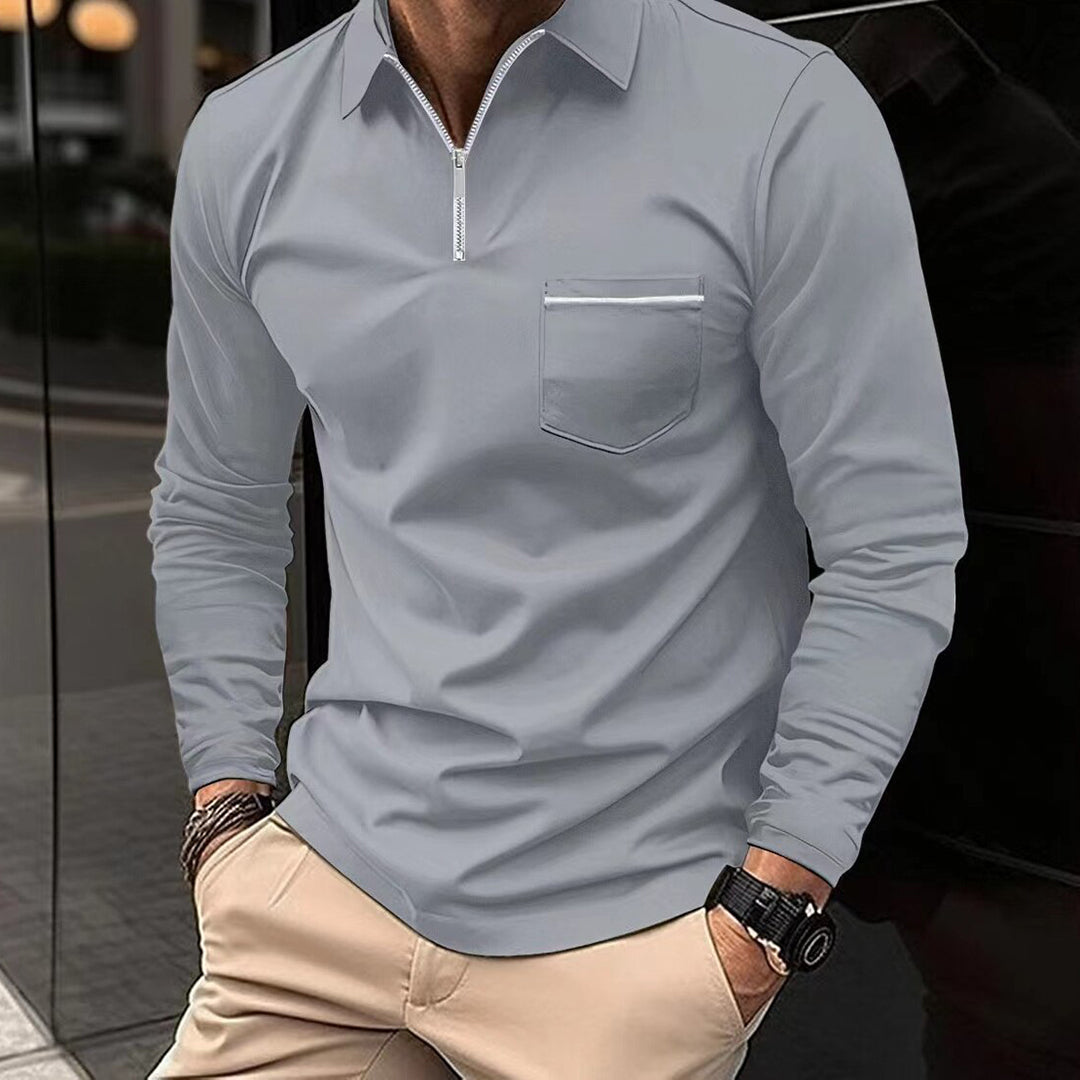 Polo Shirt - Men's Collared Long Sleeve Quarter Zip Polo Shirt