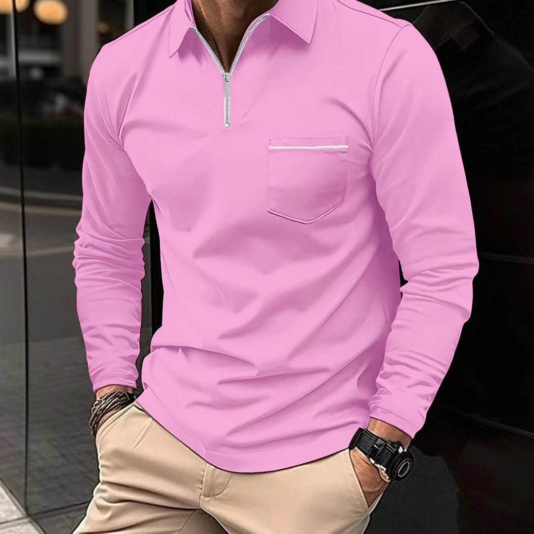 Polo Shirt - Men's Collared Long Sleeve Quarter Zip Polo Shirt