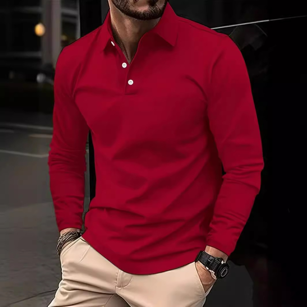 Polo Shirt - Quarter Button-Up - Collared - Long Sleeve Polo - Men's Clothing