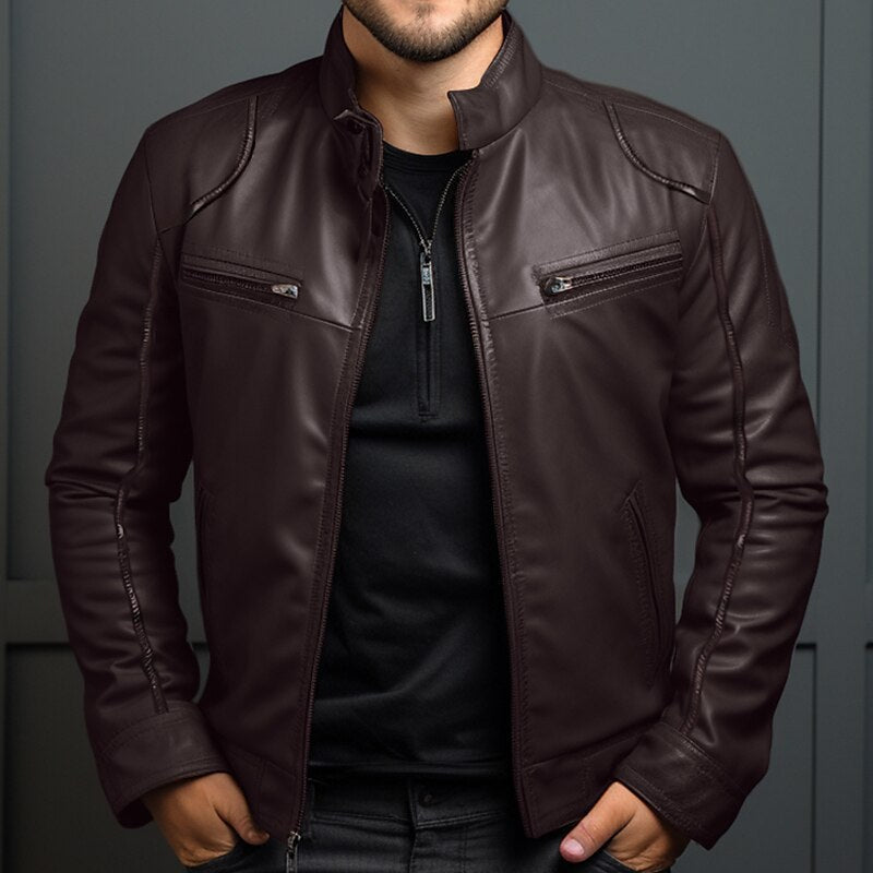 Leather Jacket - Men's Classic Black and Brown Zip-Up Leather Jacket