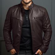 Leather Jacket - Men's Classic Black and Brown Zip-Up Leather Jacket