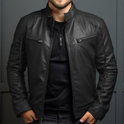 Leather Jacket - Men's Classic Black and Brown Zip-Up Leather Jacket