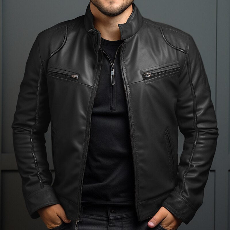 Leather Jacket - Men's Classic Black and Brown Zip-Up Leather Jacket