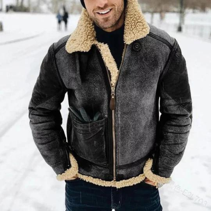 Winter Jacket – Warm men's Leather Jacket with Zipper and Sherpa Lining