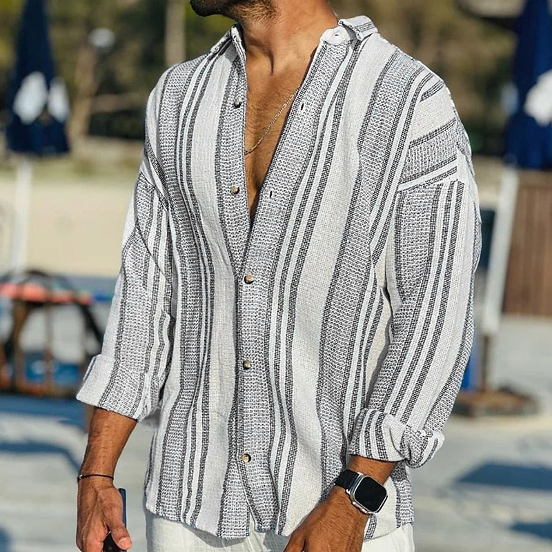 Striped Shirt - Long Sleeve - Loose Fit - Linen Shirt - Men's Summer Shirt