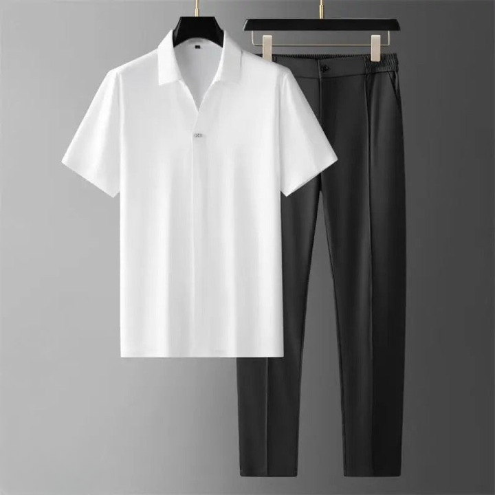 Two-Piece set - Men's Short Sleeve Polo Shirt and Dress Pants Set