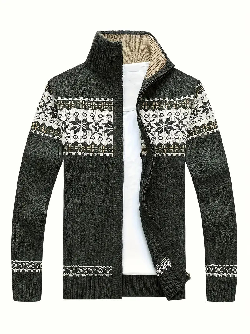 Knit Cardigan - Men's Warm Winter Snowflake Zip Cardigan