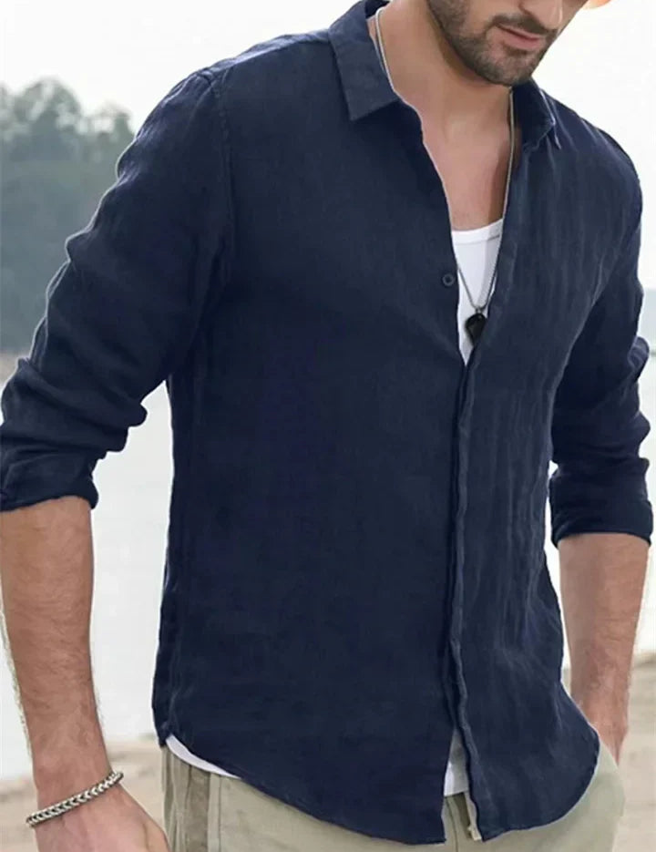 Summer Shirt - Men's Long Sleeve Collared Cotton Linen Shirt