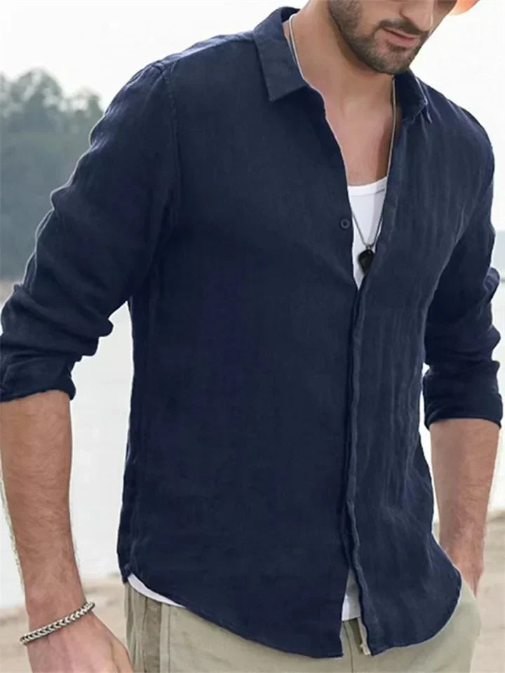 Summer Shirt - Men's Long Sleeve Collared Cotton Linen Shirt