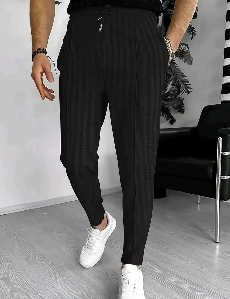 Men's Trousers - Elastic Waist - Drawstring - Slim Fit Joggers - Waffle Pants