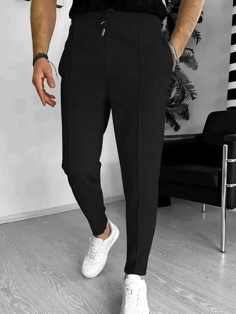 Men's Trousers - Elastic Waist - Drawstring - Slim Fit Joggers - Waffle Pants