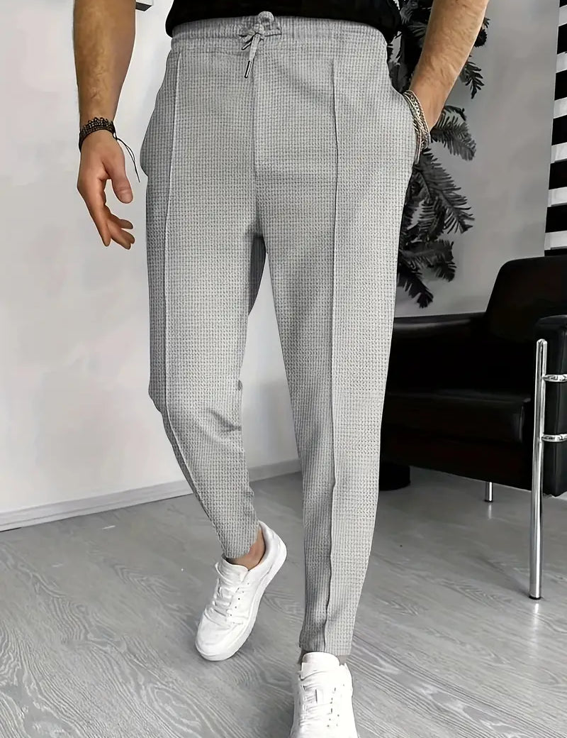 Men's Trousers - Elastic Waist - Drawstring - Slim Fit Joggers - Waffle Pants
