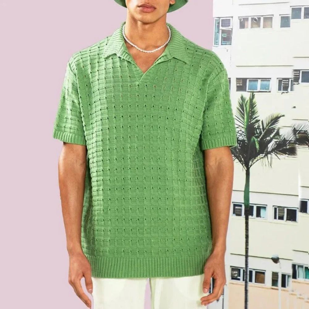 Knitted Polo Tshirt - Men's Loose Fit Short Sleeve Collared Polo Shirt
