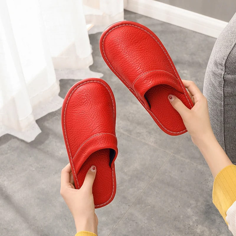 House Slippers - Unisex Faux Leather Slip On Indoor Slippers