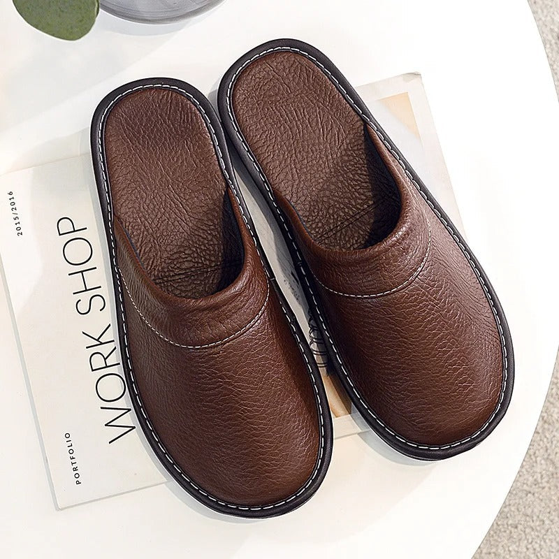 House Slippers - Unisex Faux Leather Slip On Indoor Slippers