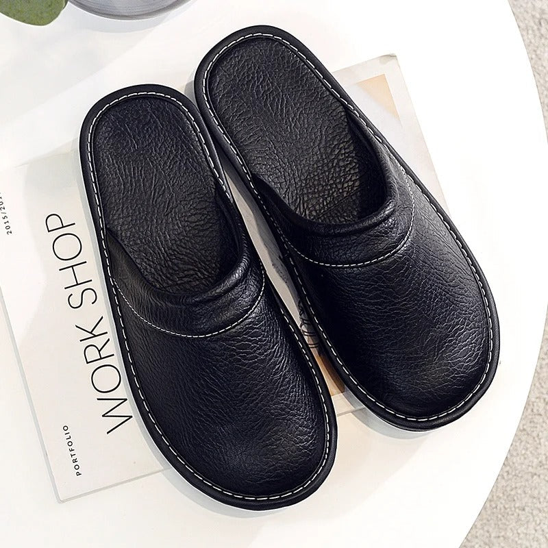 House Slippers - Unisex Faux Leather Slip On Indoor Slippers