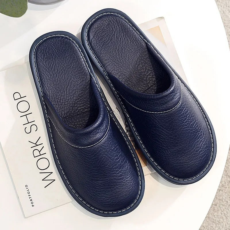 House Slippers - Unisex Faux Leather Slip On Indoor Slippers