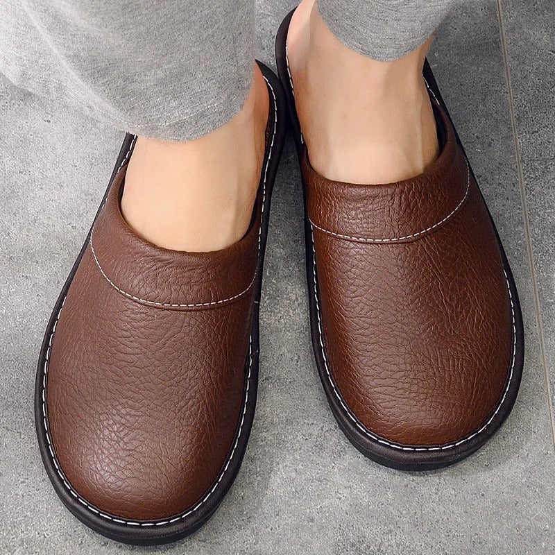 House Slippers - Unisex Faux Leather Slip On Indoor Slippers