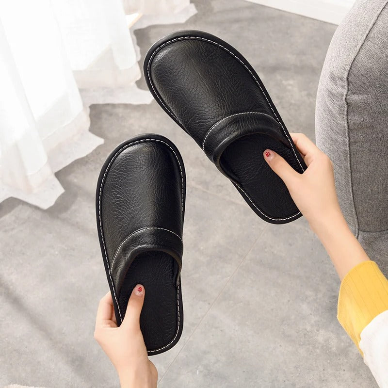 House Slippers - Unisex Faux Leather Slip On Indoor Slippers