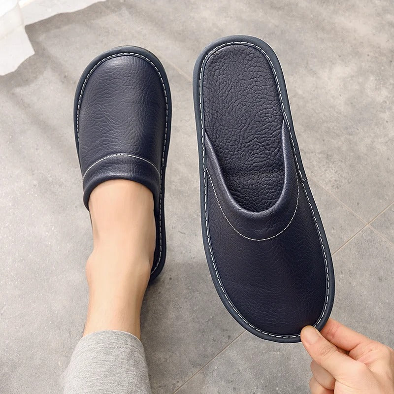 House Slippers - Unisex Faux Leather Slip On Indoor Slippers