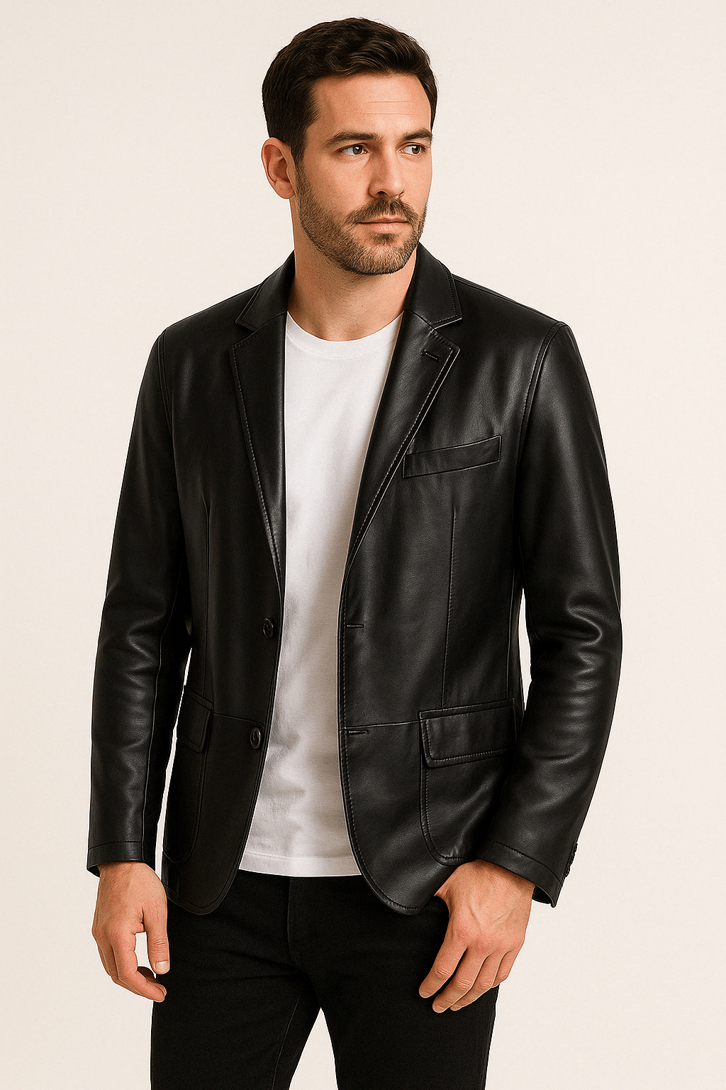 Leather Jacket - Men's Lapel Button-Up Faux Leather Jacket