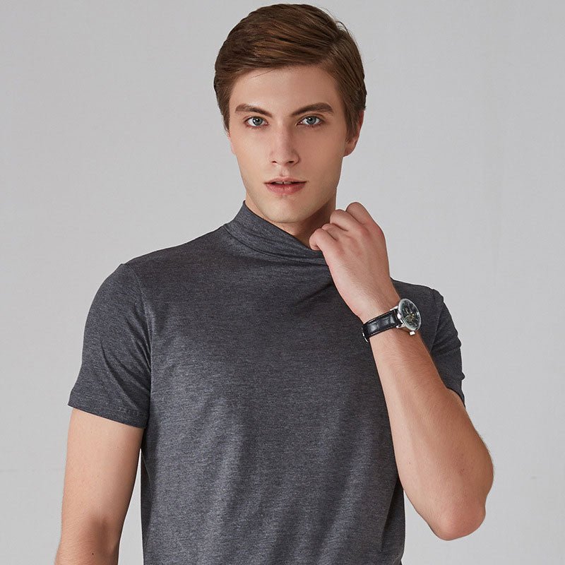 Turtleneck T-Shirt - Short Sleeve - Plain - High Neck Tee Shirts - Men's Clothing