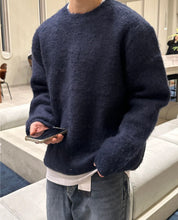 Mens oversized textured wool blend knit jumper Navy Blue