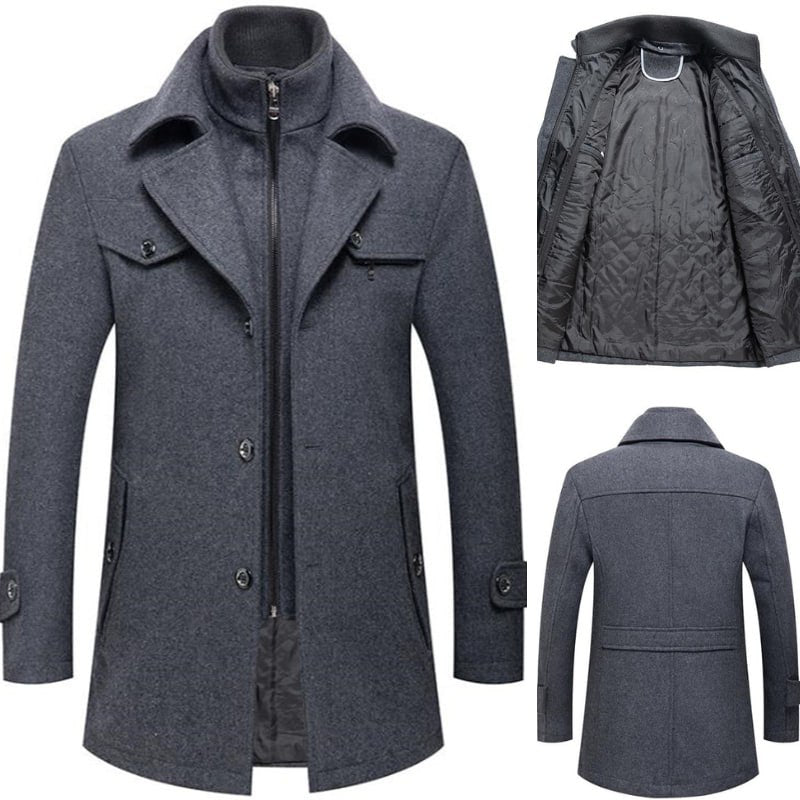 Men's Wool Trench Coat - Single Breasted - Zipped Up - Wool Coat - Men's Winter Jackets