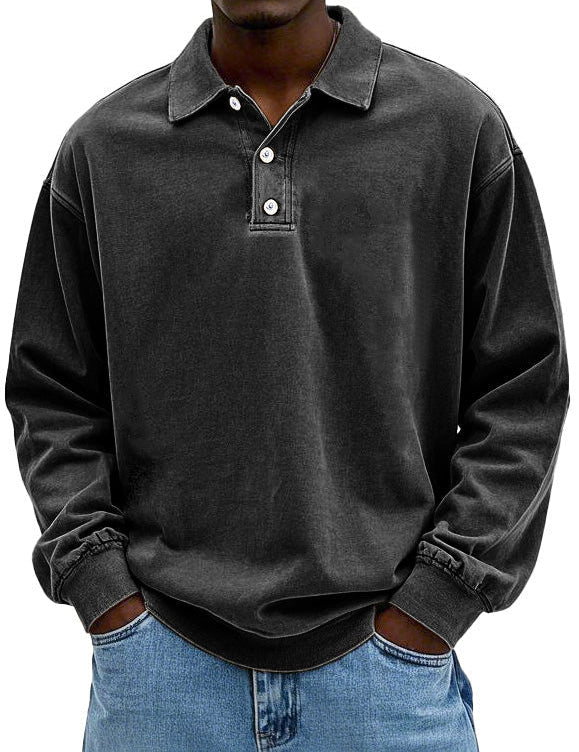 Polo Sweatshirt - Collared - Washed - Oversized Pullover - Men's Clothing